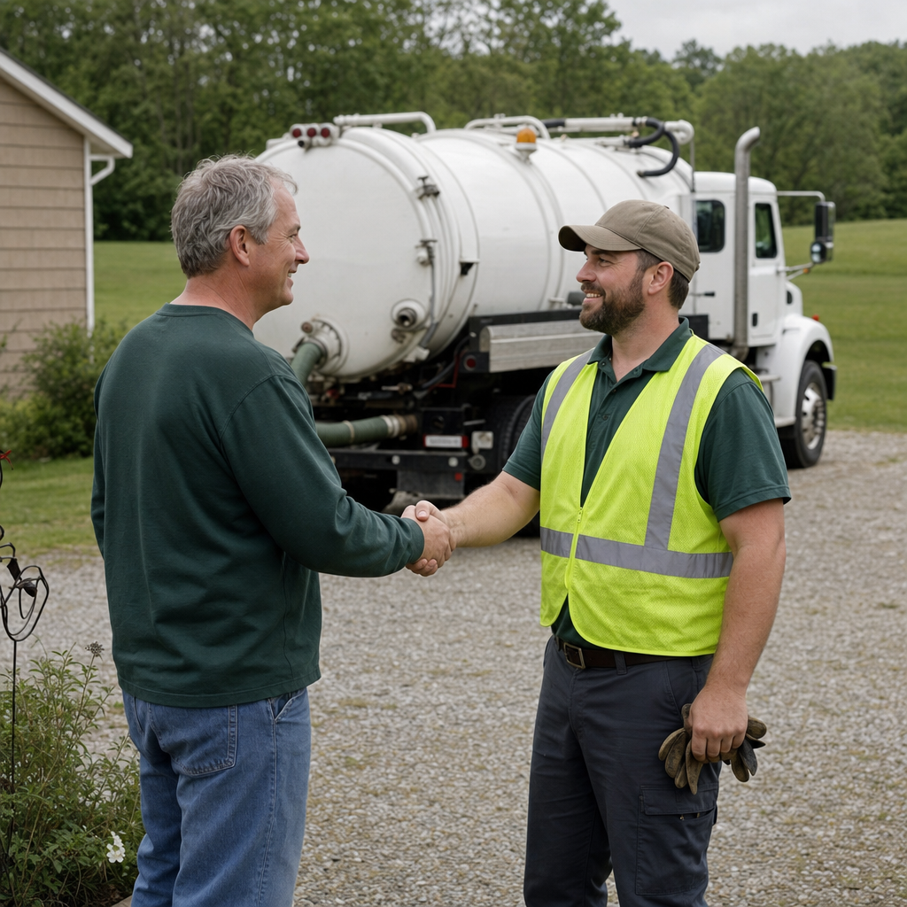 A septic technician shaking a Norfolk homeowner's hand beside the service truck after a completed pump-out