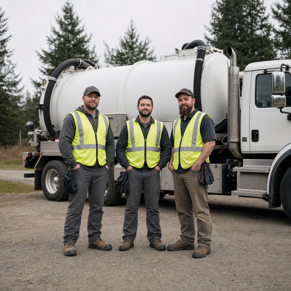 The Norfolk septic pumping crew standing together beside their clean white vacuum truck on a residential street