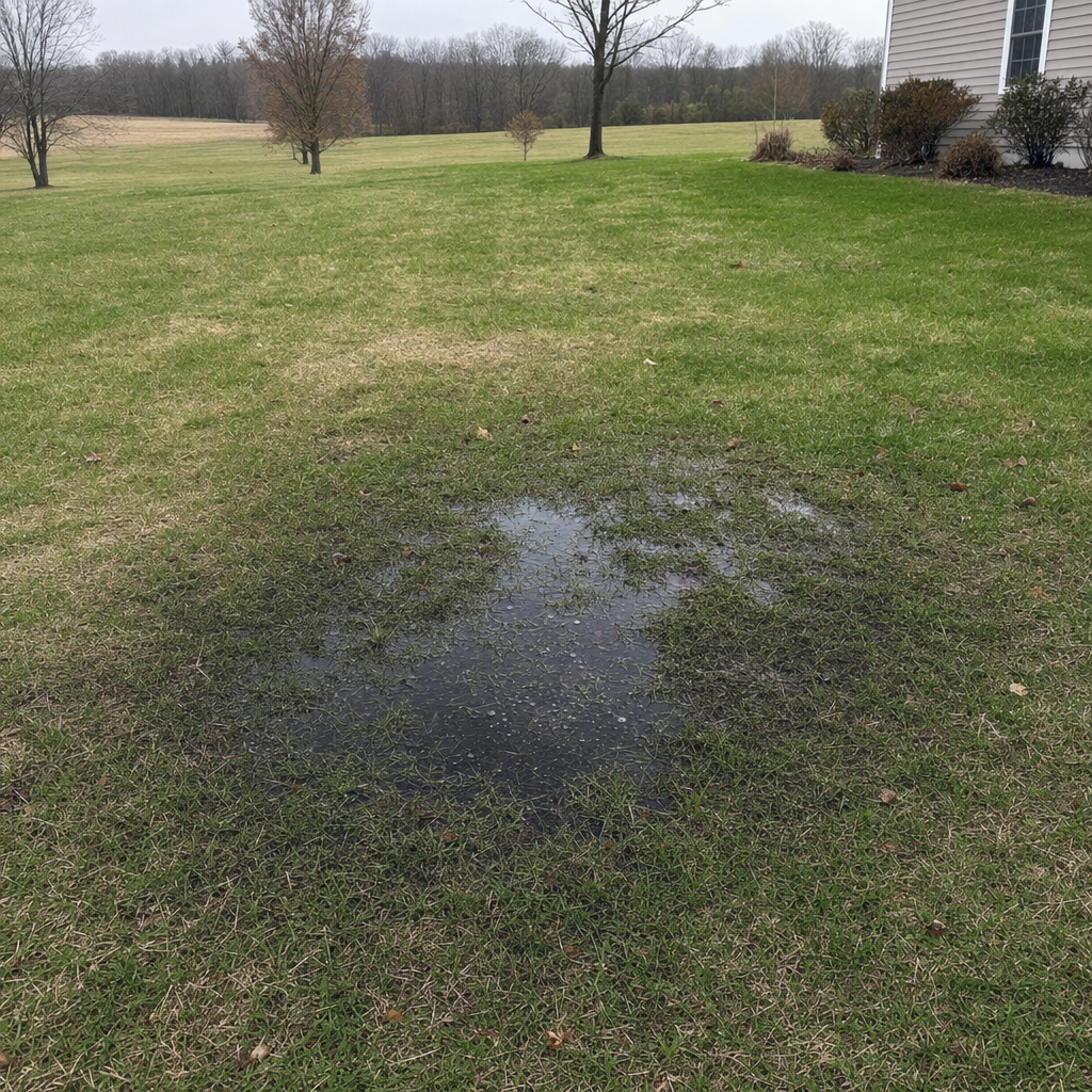 A dark, saturated wet spot in a Norfolk backyard lawn marking a failing cesspool at capacity