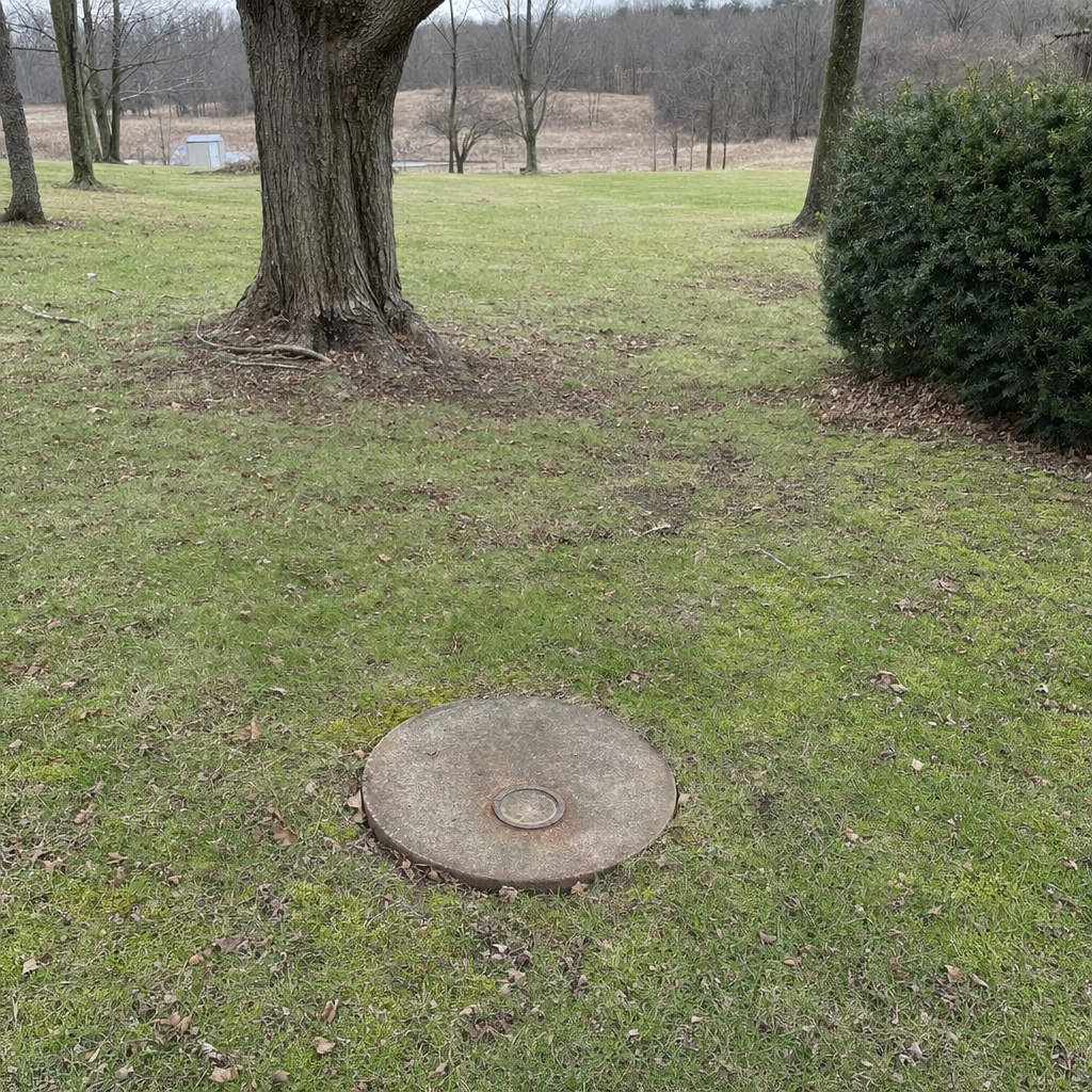 An older round cesspool access lid set flush in an established, mature Norfolk backyard lawn