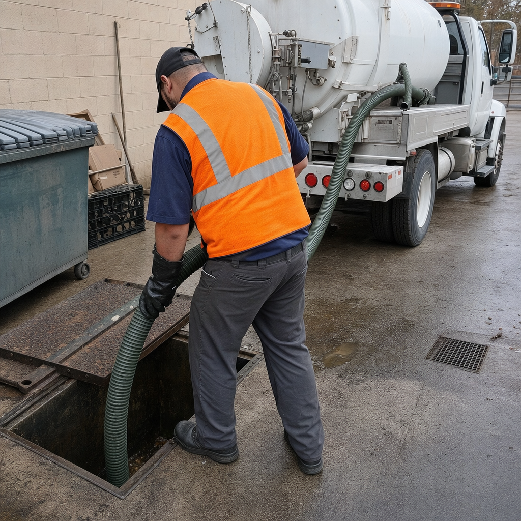 Technician pumping a grease trap behind a Norfolk restaurant