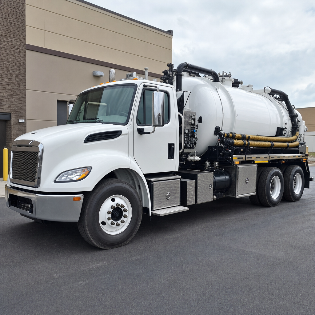 Commercial septic vacuum truck parked in a Norfolk business parking lot