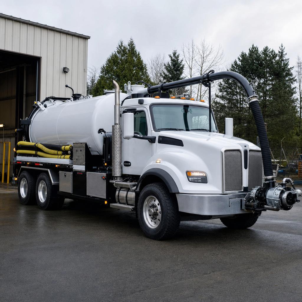 A clean white septic vacuum truck rolling out of a tidy Norfolk service depot at the start of the day