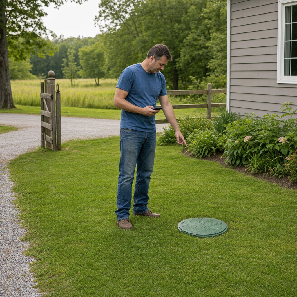 A Norfolk-area homeowner standing in the backyard noting where the septic tank lid and access route are located