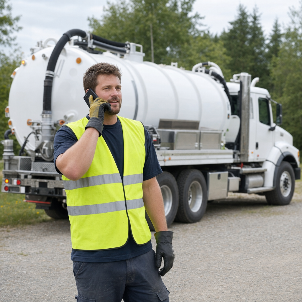 A friendly septic dispatcher holding a phone, ready to answer a Norfolk homeowner's call about a pump-out