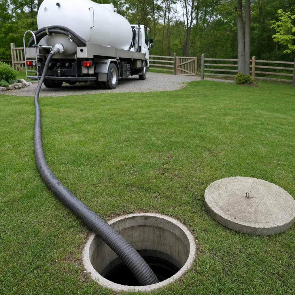 Suction hose connected to an open septic tank, drawing it down in a tidy Norfolk yard