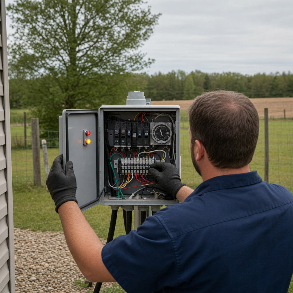 Technician checking an aerobic septic control box with a lit red high-water alarm during a same-day Norfolk visit