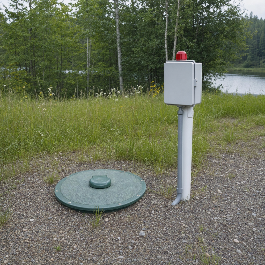 A wastewater holding tank access lid set in the ground at a rural Norfolk-area cabin, with a mounted high-level float alarm panel nearby