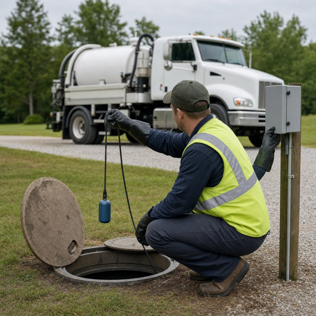 A septic technician in a high-visibility vest checking a high-level float switch and alarm panel on a holding tank at a rural Norfolk-area site