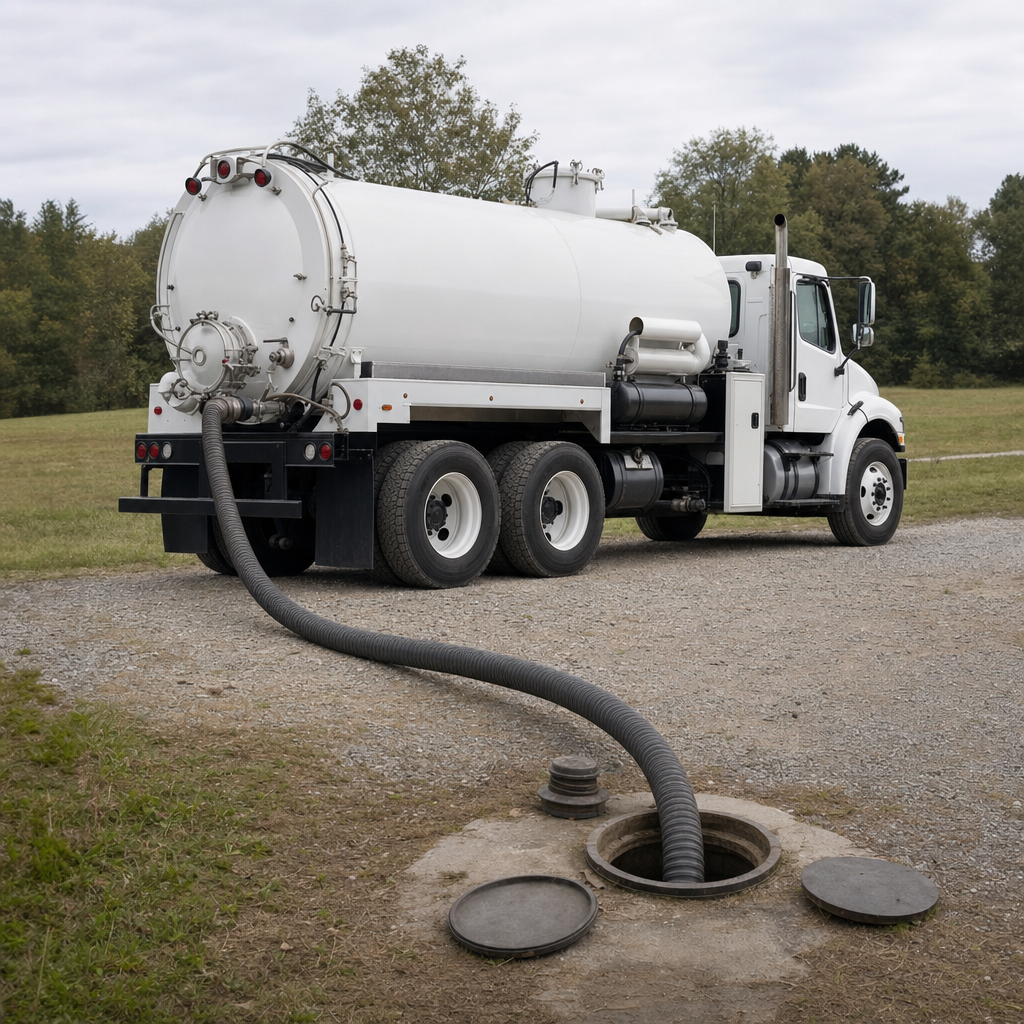 An unmarked white vacuum truck emptying a wastewater holding tank on a scheduled visit at a rural Norfolk-area property, thick suction hose running to the tank lid