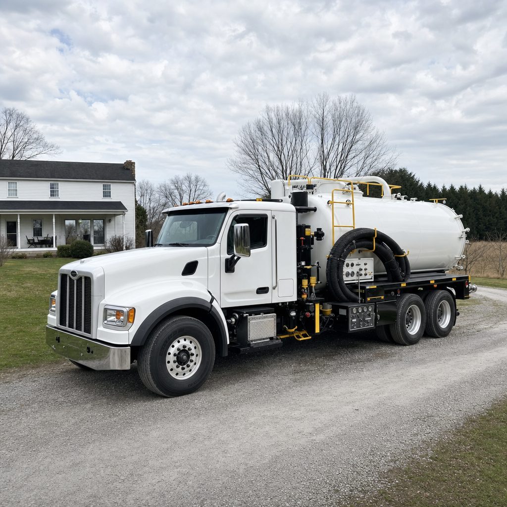 A clean white septic vacuum truck parked on a tidy Norfolk driveway with the suction hose neatly coiled