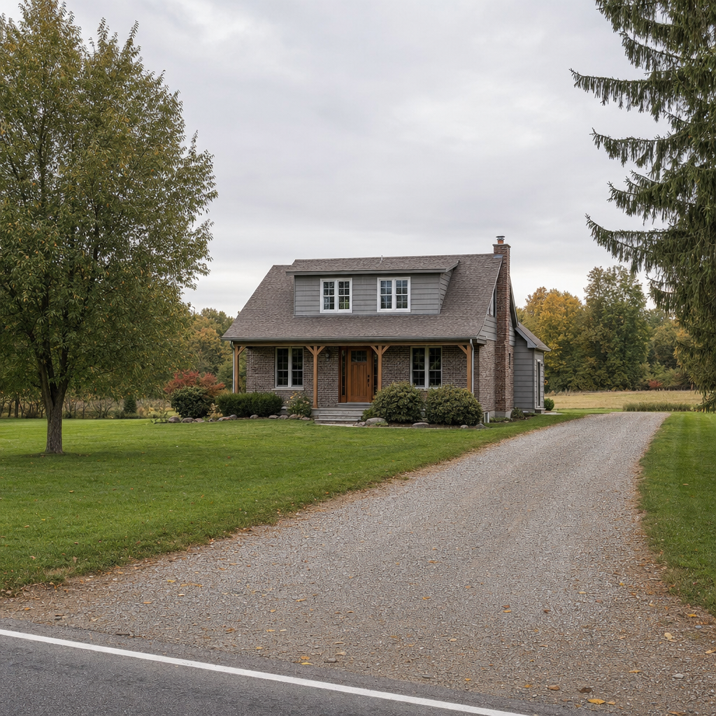 A calm single-family home exterior on a quiet Norfolk street, representing the household size and daily water use that decides how often a septic tank needs pumping