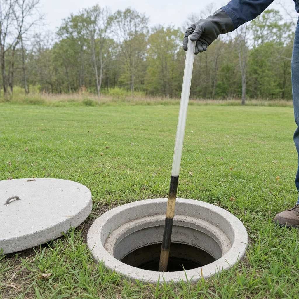A septic sludge-judge measuring stick lowered into an open Norfolk septic tank to read the depth of the sludge and scum layers before deciding whether a pump-out is due