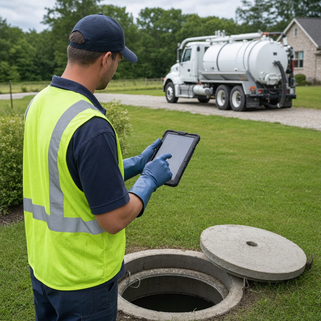 A septic technician recording a Norfolk home's pump-out date and tank condition on a tablet beside an open access lid, tracking the service history that sets the next due date