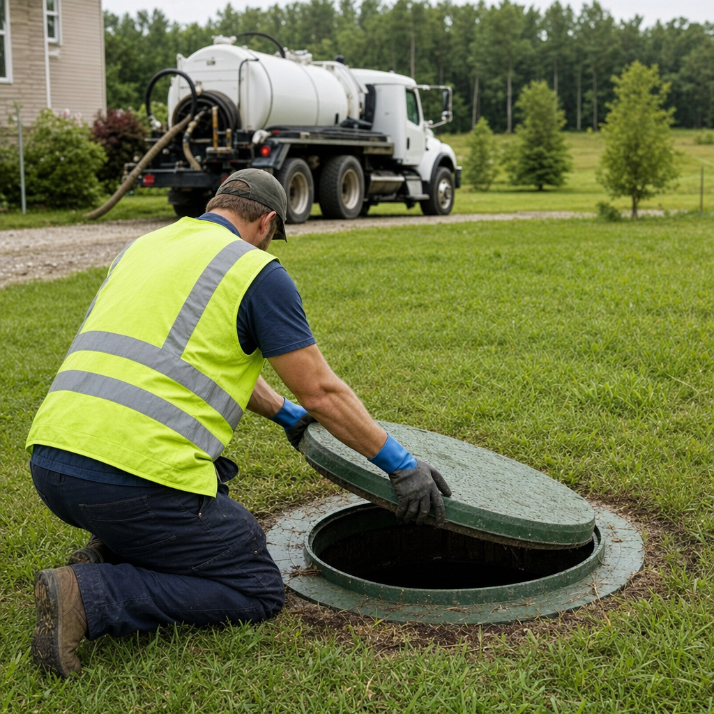 Septic technician kneeling on a Norfolk lawn, lifting the access lid on a residential septic tank
