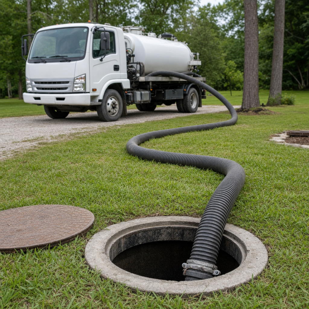 Thick ribbed suction hose lowered into a clean open septic tank port on a tidy Norfolk backyard lawn