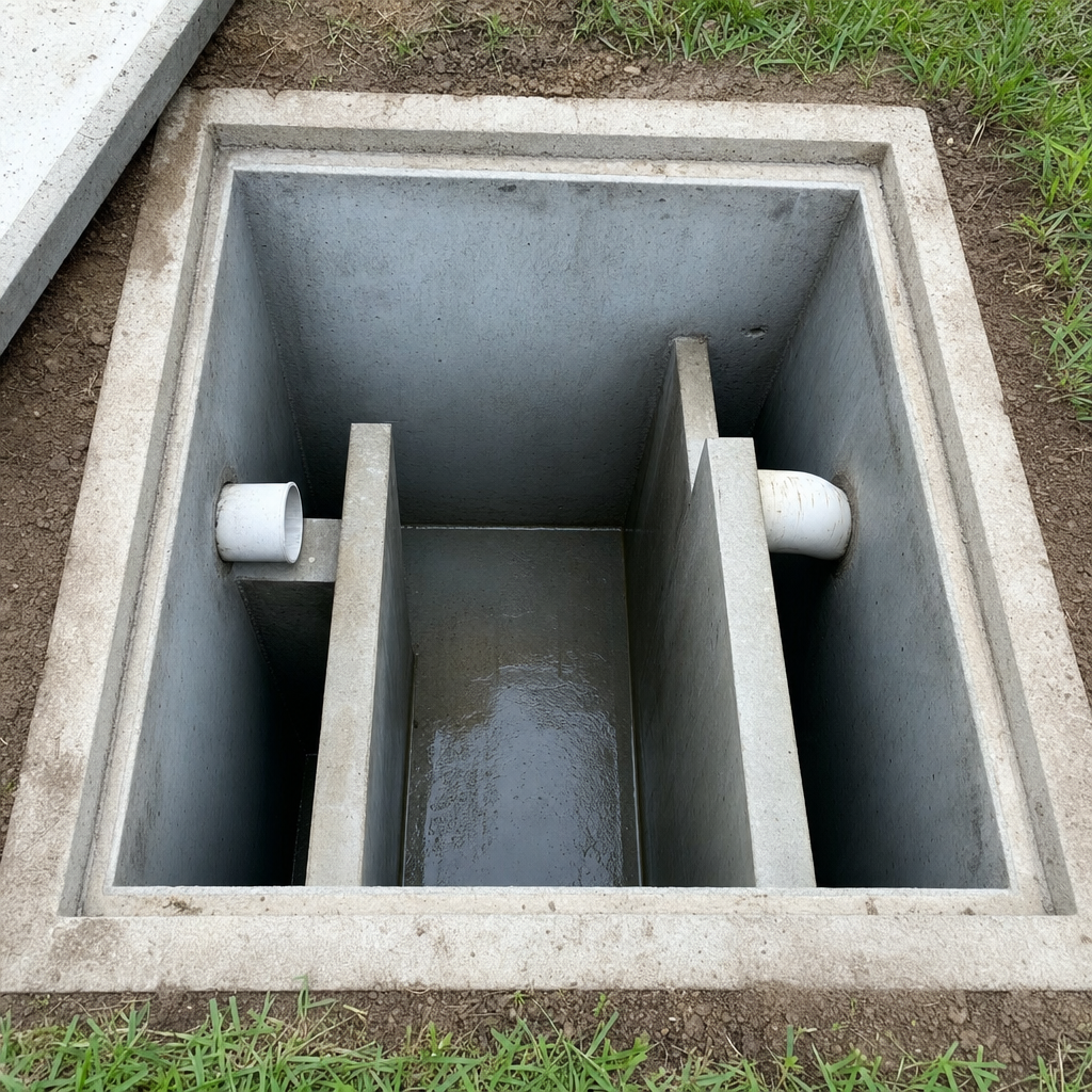 Inspection of the concrete baffles inside an open, emptied and freshly cleaned Norfolk septic tank