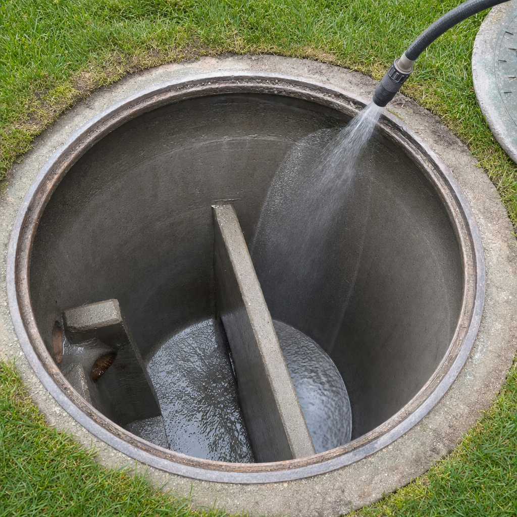 Interior concrete walls of an emptied Norfolk septic tank being rinsed clean with the truck's onboard water hose