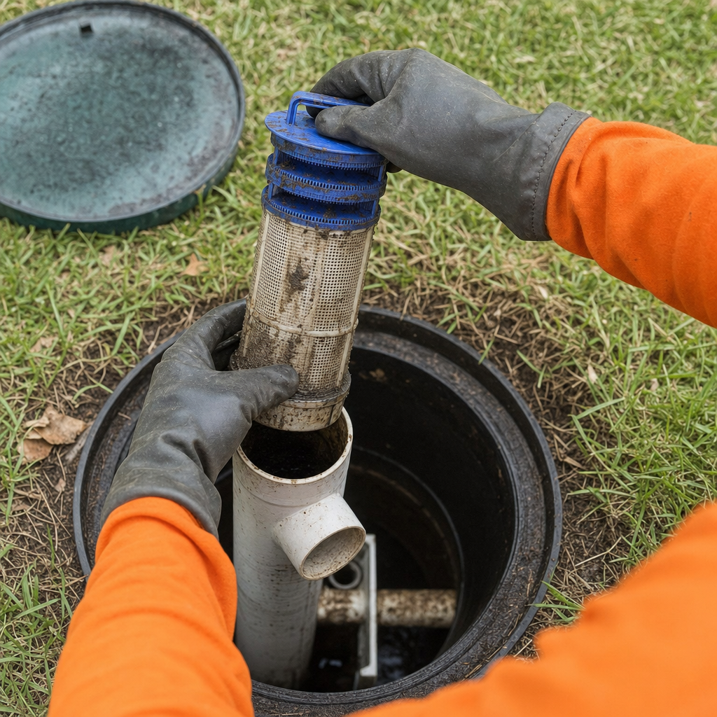 Septic technician's gloved hands lifting the effluent filter cartridge out of the outlet housing on a Norfolk septic tank