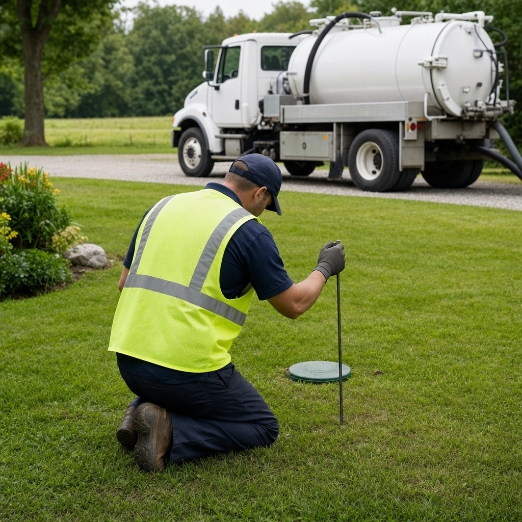 Septic technician kneeling on a Norfolk lawn, probing to locate and measure the depth of a buried septic tank lid before pumping