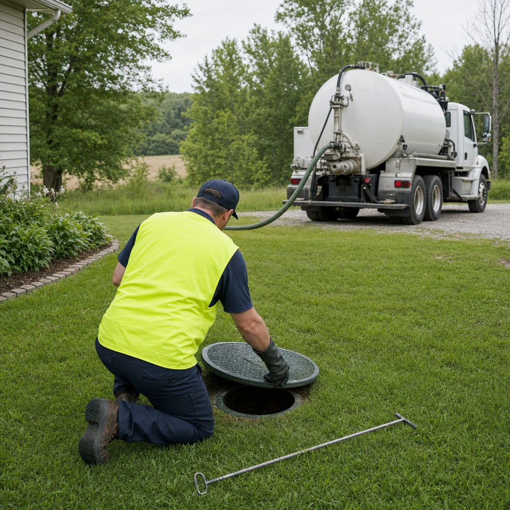 Septic technician kneeling on a Norfolk lawn, lifting the buried access lid on a residential septic tank