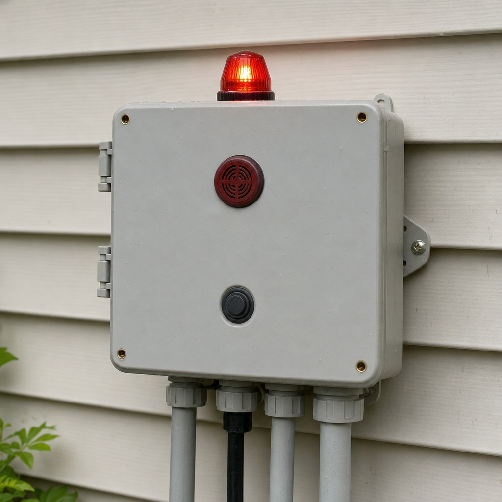 An aerobic septic system control panel mounted outside a Norfolk home with its red high-water alarm light lit