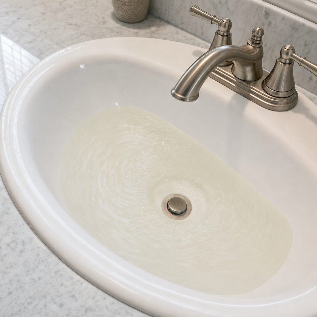 A bathroom sink draining slowly with water pooled in the basin, an early warning sign that a Norfolk septic tank is full